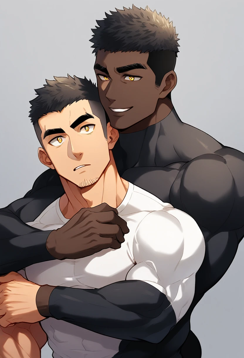 anime characters:Two superheroes in tights, Muscle superhero, negro black skin, They hugged and kissed each other, Bite your neck, Caress, Manliness, male focus, Yellow and black high collar long sleeve tight T-shirt, Slightly transparent material, Very tight, Round, full and perky chest muscles, Male dog waist, Slightly transparent, muscular male, muscular, only, Upper body, alone, Black short hair, Thick eyebrows, stubble, Yellow eyes, Grey background, simple background, amazing quality, best aesthetics, Ridiculous, bright pupils, crew cut, parted lips, seductive smile, torogao, naughty face, drop shadow, best quality