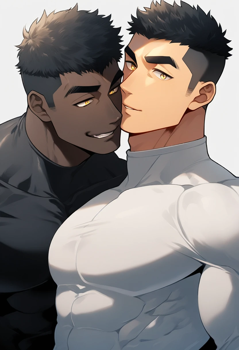 anime characters:Two superheroes in tights, Muscle superhero, negro black skin, They hugged and kissed each other, Bite your neck, Caress, Manliness, male focus, Yellow and black high collar long sleeve tight T-shirt, Slightly transparent material, Very tight, Round, full and perky chest muscles, Male dog waist, Slightly transparent, muscular male, muscular, only, Upper body, alone, Black short hair, Thick eyebrows, stubble, Yellow eyes, Grey background, simple background, amazing quality, best aesthetics, Ridiculous, bright pupils, crew cut, parted lips, seductive smile, torogao, naughty face, drop shadow, best quality