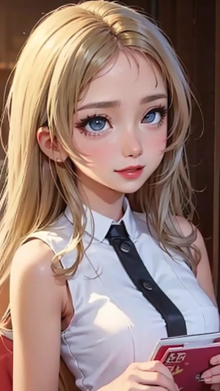 blush a little and smile, (Top quality masterpiece:1.2) Delicate illustrations, Very detailed, /Beautiful Japanese Women、1 person,Very cute and slim、Great style 、((8K images、super high quality))、Very delicate face, Skin and Hair、beautifule forehead、Red lipstick、(((((Mid-length hair、Blonde、lure))))),Very cute Japanese cut face、Eyes and nose are clearly visible、Kind eyes,((((Sleeveless fashion))))