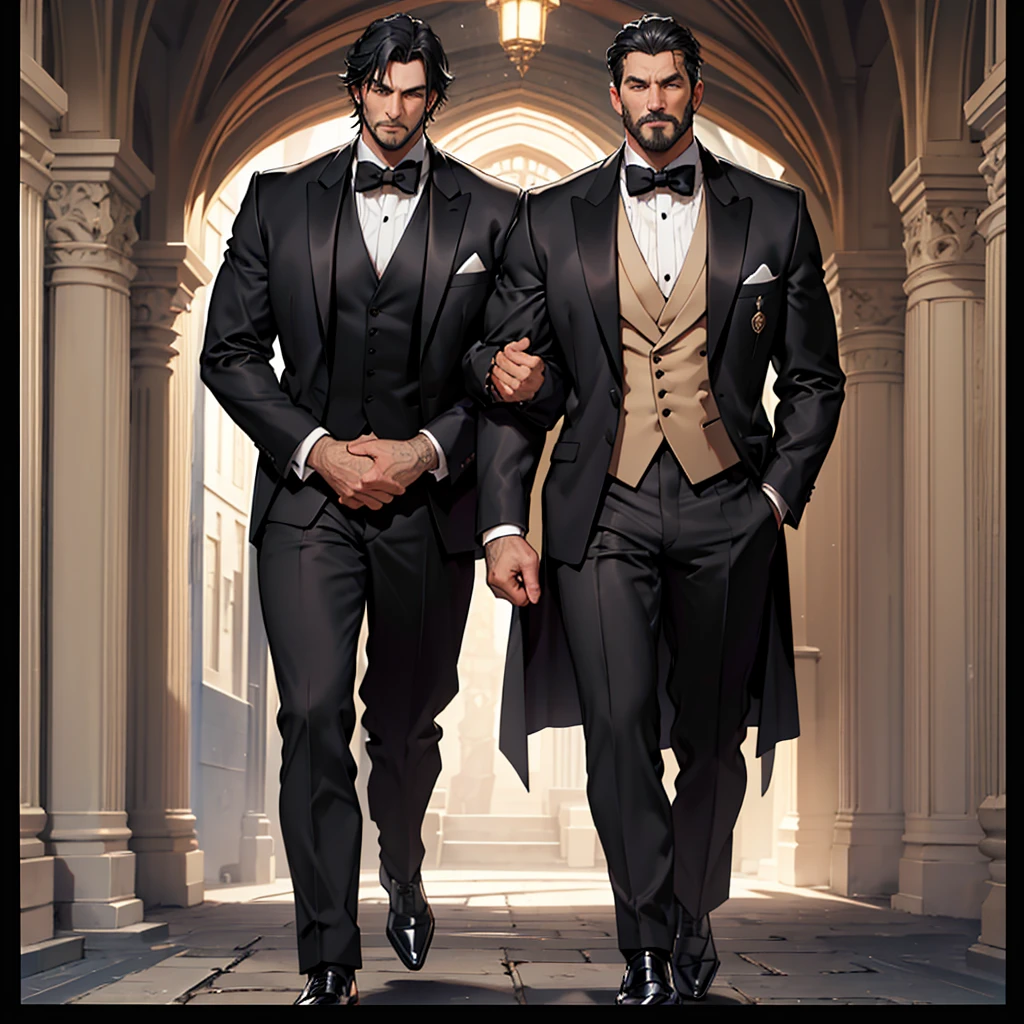 A 45 year old man, black hair, muscular, large, tall man, medieval period, wearing a suit, black suit, tuxedo, wearing a black tuxedo, medieval background, Ultra HD 4k, 4k, UltraHD