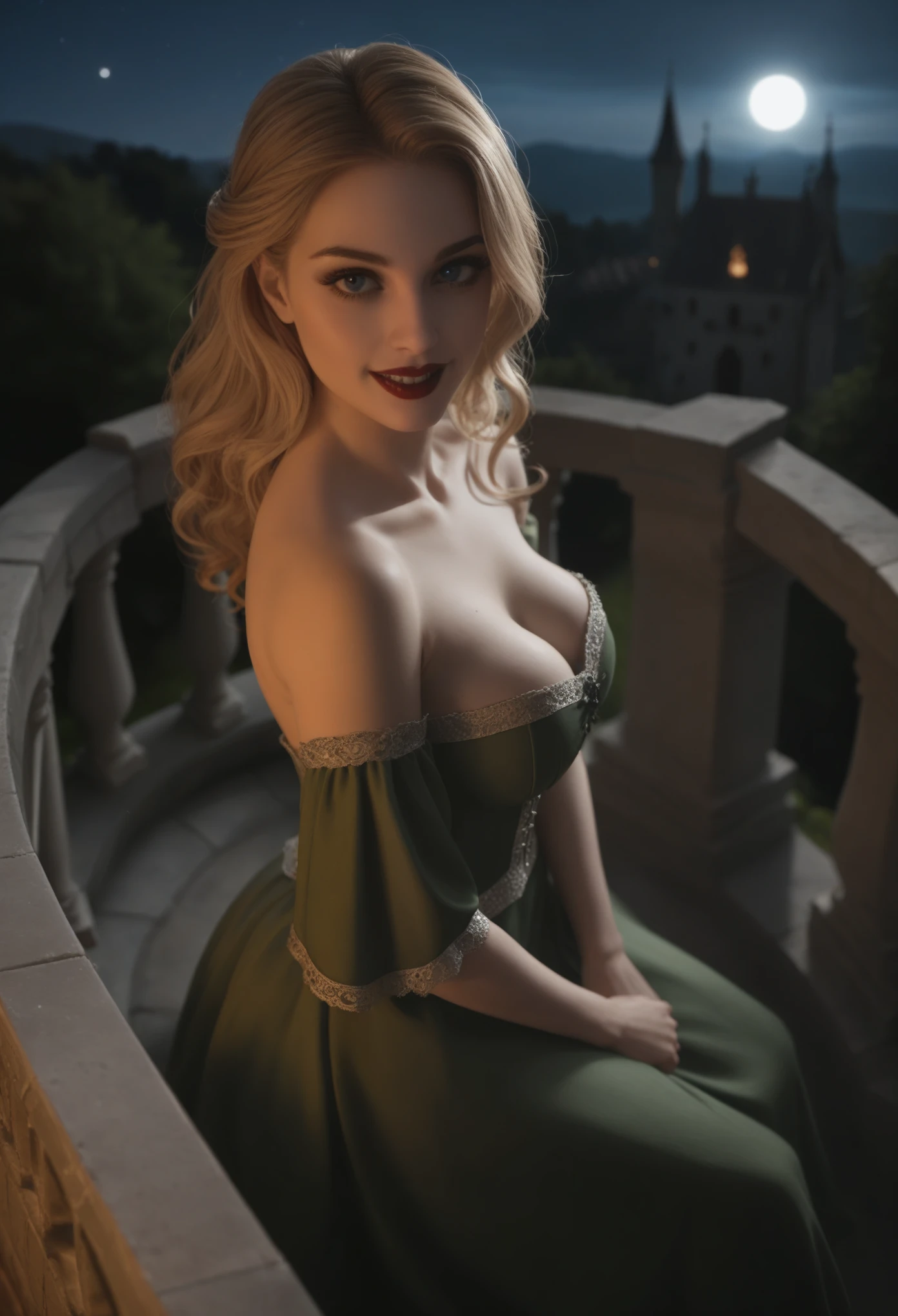 score_9, score_8_above, score_7_above, 1girl, large_breasts, royal_garden, medieval_castle, elegant_green_dress, off_shoulder_dress, evil_smile, cute_woman, blonde, long_hair, side view, from_above, night, moonlight, cinematic film still, RAW photo, perfect lighting, volumetric lighting, Galadriel, stuning, goddess, (vampire:1.5), blue_eyes
