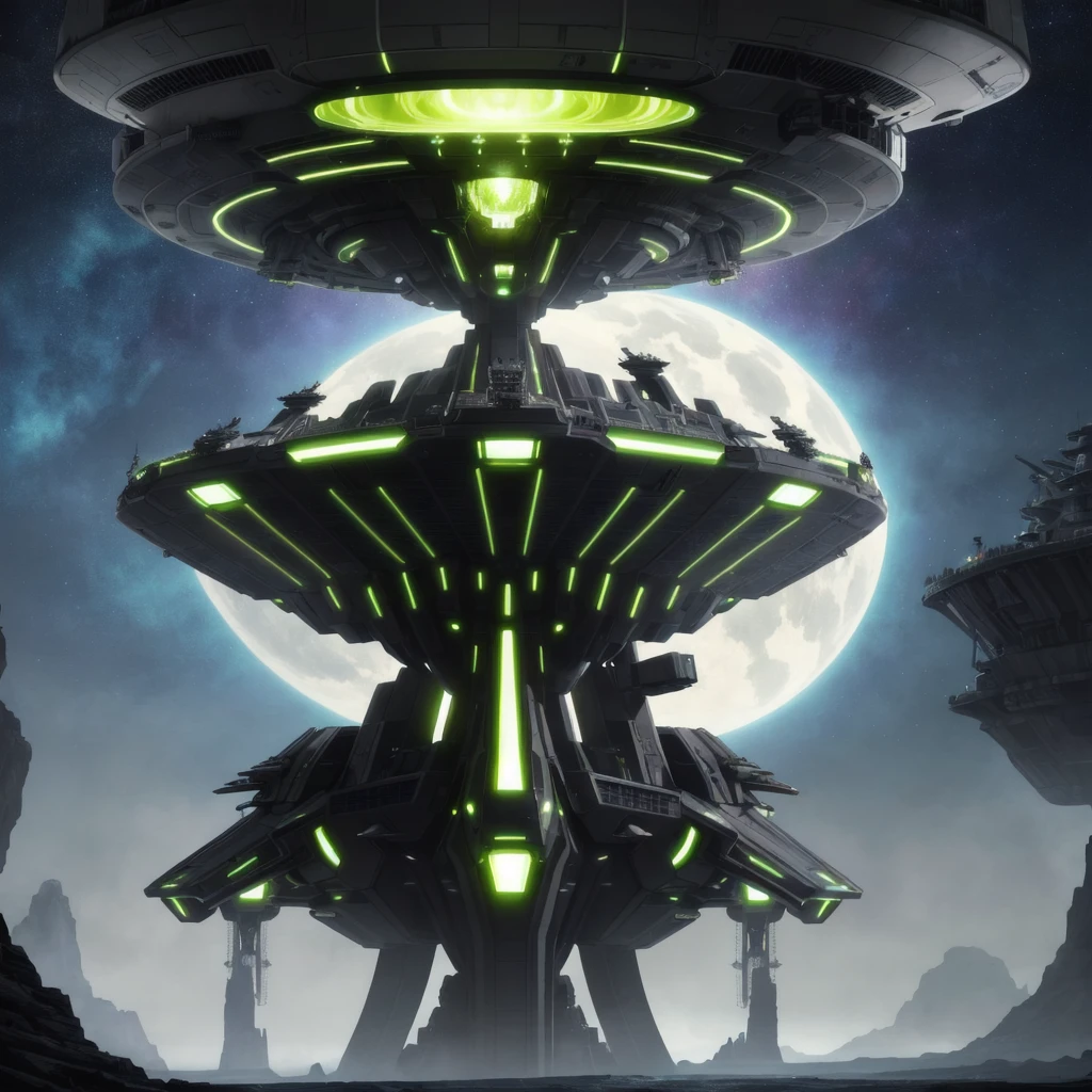 a large alien spacecraft, approaching a lush, verdant planet, detailed view of the back of the ship, advanced technology, glowing engines, sleek design, dramatic lighting, vibrant colors, cinematic composition, epic scale, photorealistic, highly detailed, 8k, award-winning, concept art style