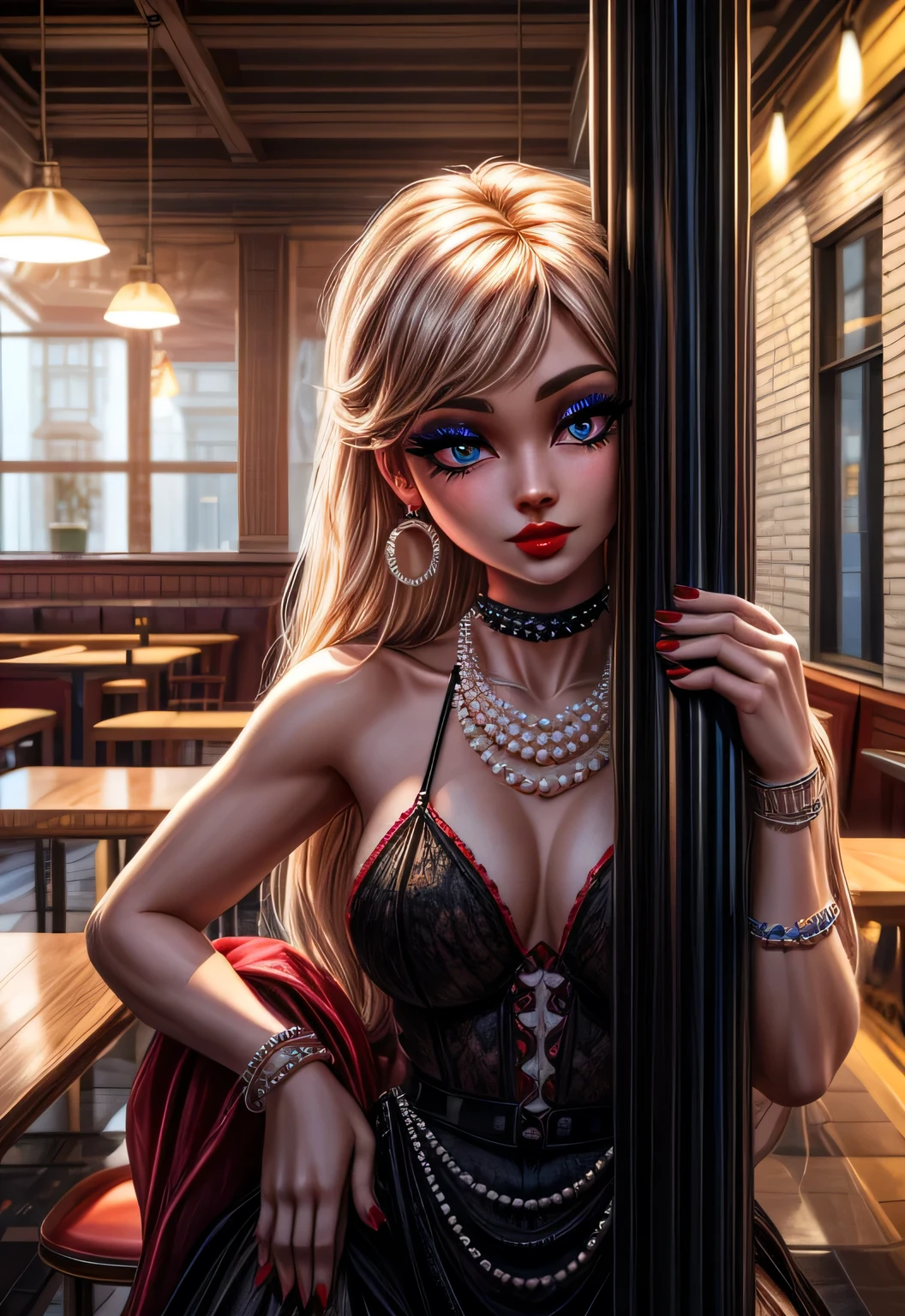 UHD 8k, HDR+, cute animatronic Chick with a pearl necklace, big piercing eyes, huge earrings, giant earrings, bright provocative makeup, black high heels, Against the background of the cafe hall, detailed background, realistic, 1girl, solo girl, 20 year old girl, ultra realistic face, hyperrealistic, hyperdetailed, (looking at viewers), sharpen, detailed face, detailed eyes, detailed lips, red lips, beautiful face, 16k, FHD, raw photo, cute face mesh, pretty face mesh, portrait shot 8 k