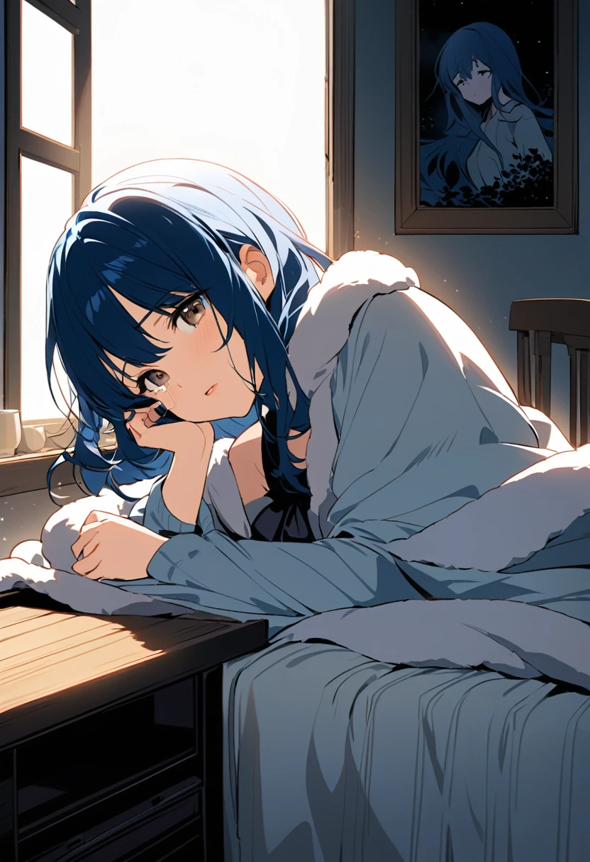 A slender girl with short, navy blue hair sits by a window, the soft glow of the afternoon sun casting gentle shadows across her face. Her deep brown eyes are misty, filled with unshed tears as she listens to a nostalgic song playing softly on an old-fashioned radio beside her. The melody stirs memories deep within her, evoking a sense of longing and melancholy.
Her short, navy blue hair frames her face, the soft waves falling just above her shoulders, gently tousled. She wears a simple, elegant outfit that enhances her slender frame, adding to her delicate appearance. One hand clutches the fabric of her dress near her heart, while the other rests on the windowsill, her fingers lightly touching the cool glass as if seeking comfort.
The background features a cozy, softly lit room filled with warm, muted colors. Sunlight streams through the window, casting a gentle, golden glow that contrasts with the deep blue of her hair. The radio, an old-fashioned model with large dials, sits on a small wooden table nearby, its music filling the room with a bittersweet melody.
The girl's expression is a mix of sadness and fond remembrance, her lips slightly parted as she recalls distant memories. A single tear escapes and traces a path down her cheek, catching the light and shimmering like a tiny, fleeting star.
The atmosphere of the illustration is one of tender nostalgia, capturing the essence of a moment when the past and present collide, and the weight of memories brings both pain and comfort. The viewer can almost hear the faint, haunting notes of the song and feel the girl's emotional journey, making the scene both poignant and deeply moving.
---
In a cozy bedroom, a young girl with short, navy blue hair peeks out from under a pile of fluffy blankets, her wide brown eyes filled with a mix of fear and curiosity as thunder rumbles outside. She has wrapped herself snugly in the bedding, only her face visible, the rest of her cocooned for comfort and protection. The fabric