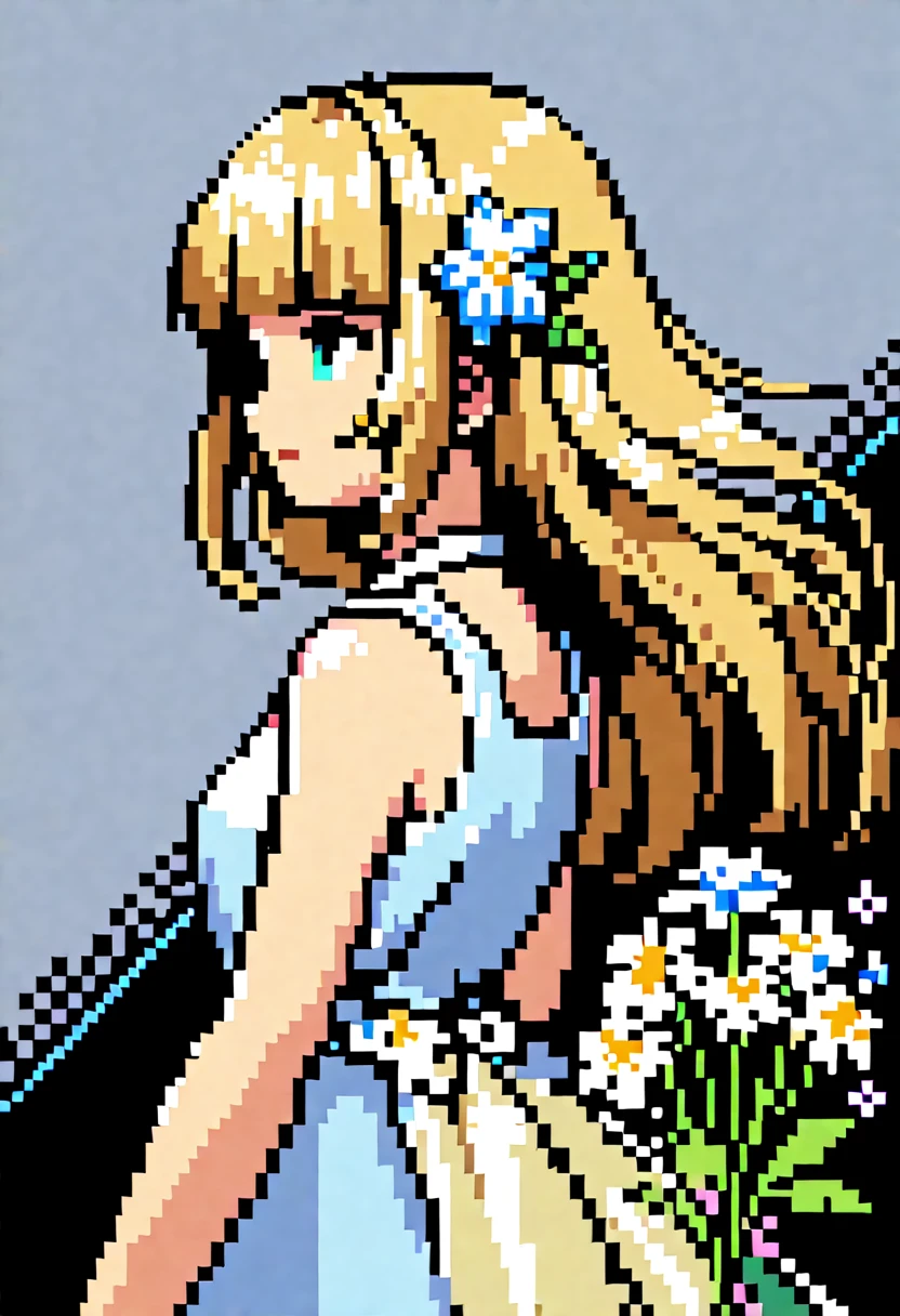 Pale light blue antique dress、Beige long-haired girl、Blunt bangs、profile、Pixel art、pixelアートイラスト、pixel、Plain background、Upper Body 、For icons、pixel_Art Book,Composition centered on face、A calm face、Holding flowers、Flower Hair Ornaments、pixel、Game-style illustrations、Pixel art、pixel、Light Shading、Fluttering Hair、Back hair fluttering in the wind、pixel、Pixel art