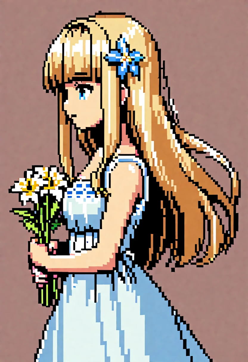 Pale light blue antique dress、Beige long-haired girl、Blunt bangs、profile、Pixel art、pixelアートイラスト、pixel、Plain background、Upper Body 、For icons、pixel_Art Book,Composition centered on face、A calm face、Holding flowers、Flower Hair Ornaments、pixel、Game-style illustrations、Pixel art、pixel、Light Shading、Fluttering Hair、Back hair fluttering in the wind、pixel、Pixel art