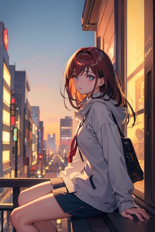 a age girl with auburn hair and grey eyes, best quality anime, beautiful detailed eyes, beautiful detailed lips, extremely detailed eyes and face, long eyelashes, 1girl, 8k, high quality, cinematic lighting, intricate details, dramatic lighting, warm color palette, natural lighting, Tokyo City background, sitting in a balcony, highly detailed environment, vibrant colors, exceptional detail, casual street wear, ulzzang, distant photo shot