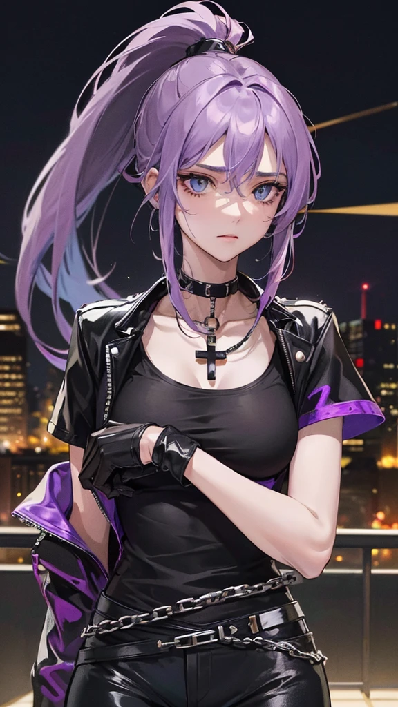 Photograph of the upper body of a beautiful woman,  , normal breasts, perfect body), Sharp focus, (tall body, mature woman), ((Looking ahead)), (Highly detailed skin, hair follicles:1.4,) (long ponytail hairstyle ,Purple hair, blue eyes) , (black t-shirt:1.47),(green pants),chain , There are tears. , Cross necklace , wearing a black leather jacket,  cross chain, city scenery , punk , night light  , high quality ,cold expression, one leather gloves , biker style , cool