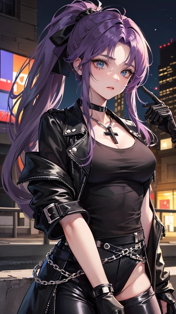 Photograph of the upper body of a beautiful woman, , normal breasts, perfect body), Sharp focus, (tall body, mature woman), ((Looking ahead)), (Highly detailed skin, hair follicles:1.4,) (long ponytail hairstyle ,Purple hair, blue eyes) , (black t-shirt:1.47),(green pants),chain , There are tears. , Cross necklace , wearing a black leather jacket, cross chain, city scenery , punk , night light , high quality ,cold expression, one leather gloves , biker style , cool