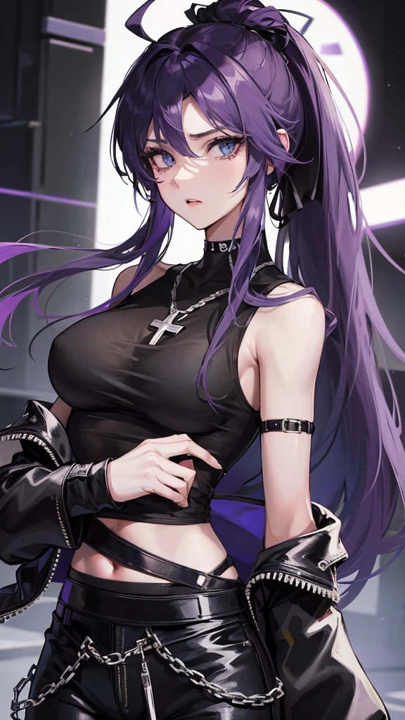 Photograph of the upper body of a beautiful woman, , normal breasts, perfect body), Sharp focus, (tall body, mature woman), ((Looking ahead)), (Highly detailed skin, hair follicles:1.4,) (long ponytail hairstyle ,Purple hair, blue eyes) , (black t-shirt:1.47),(green pants),chain , There are tears. , Cross necklace , wearing a black leather jacket, cross chain, city scenery , punk , night light , high quality ,cold expression, one leather gloves , biker style , cool