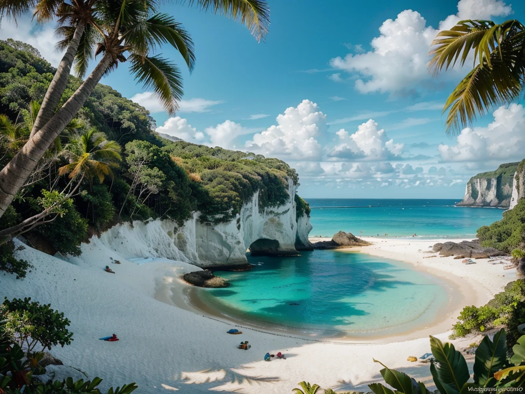 a stunning tropical paradise, a beautiful coastal landscape, pristine white sand beaches, crystal clear turquoise waters, lush green palm trees, colorful coral reefs, exotic wildlife, vibrant nature reserves, dramatic cliffs, photogenic scenery, serene and tranquil atmosphere, golden hour lighting, cinematic composition, hyperrealistic, highly detailed, masterpiece, 8K, photorealistic, professional photographer, stunning natural beauty