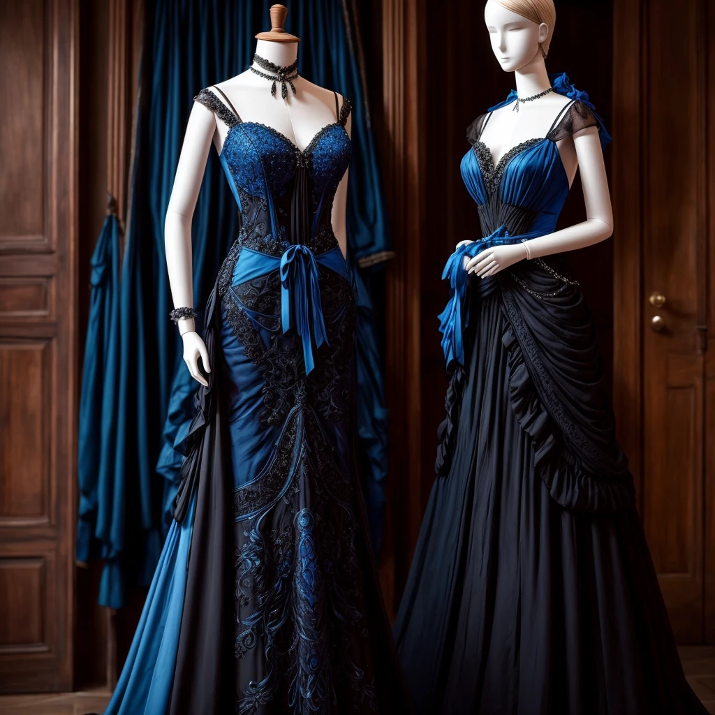 a mannequin on which hangs a beautiful black dress with a lot of details and a blue bandage. full length