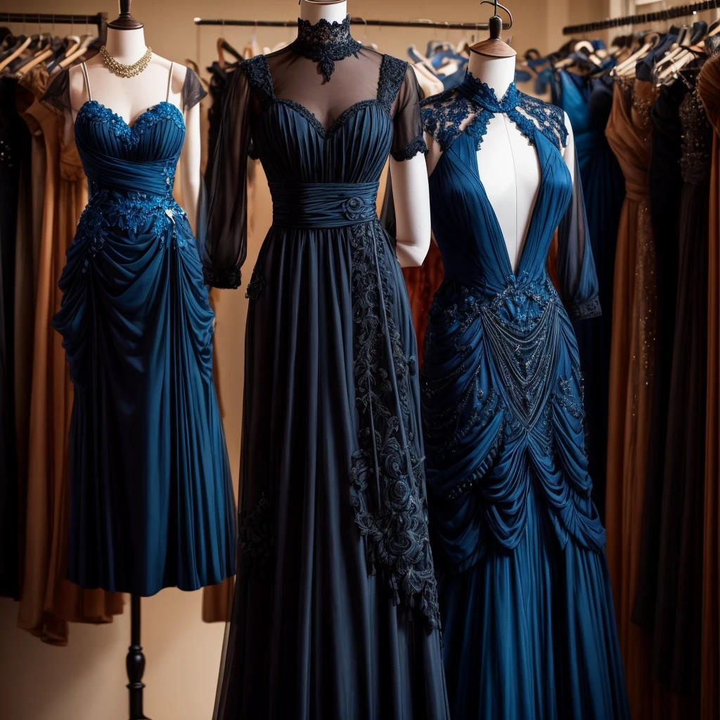 a mannequin on which hangs a beautiful black dress with a lot of details and a blue bandage. full length