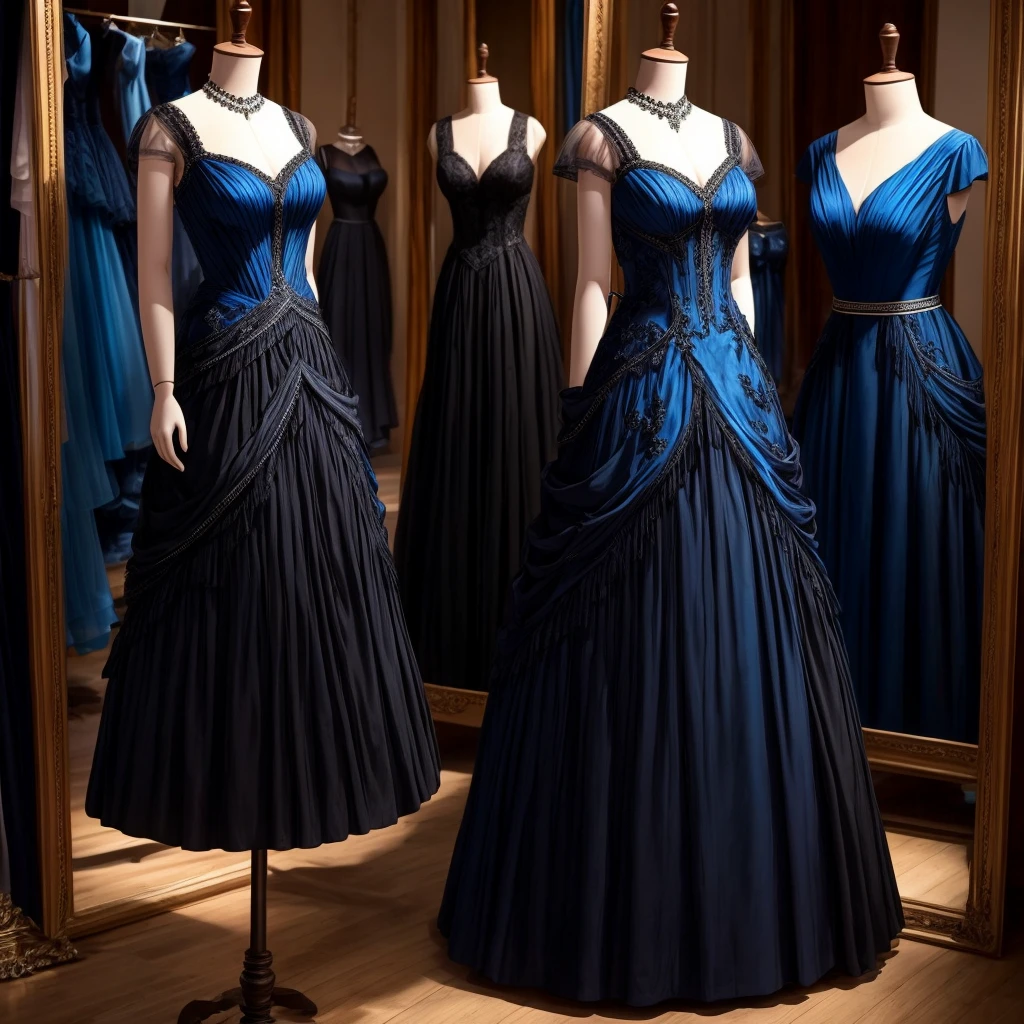 a mannequin on which hangs a beautiful black dress with a lot of details and a blue bandage. full length