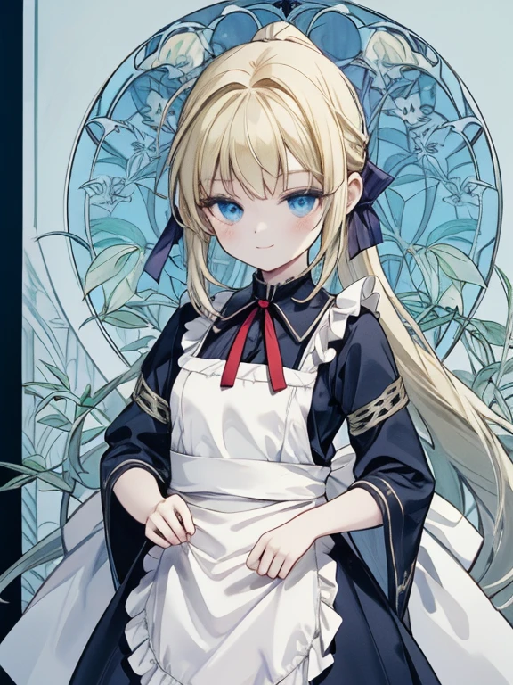 masterpiece, Highest quality, Very detailed, 16K, Ultra-high resolution, Cowboy Shot, Alice in Wonderland, (art nouveau:1.6), ****************, Detailed face, smile, blue eyes, blonde, Braiding, Long Hair, ponytail, Ribbon on head, Blue clothes, Plain white apron, 大きなclockのある部屋で, clock, 壁clock, Music Box