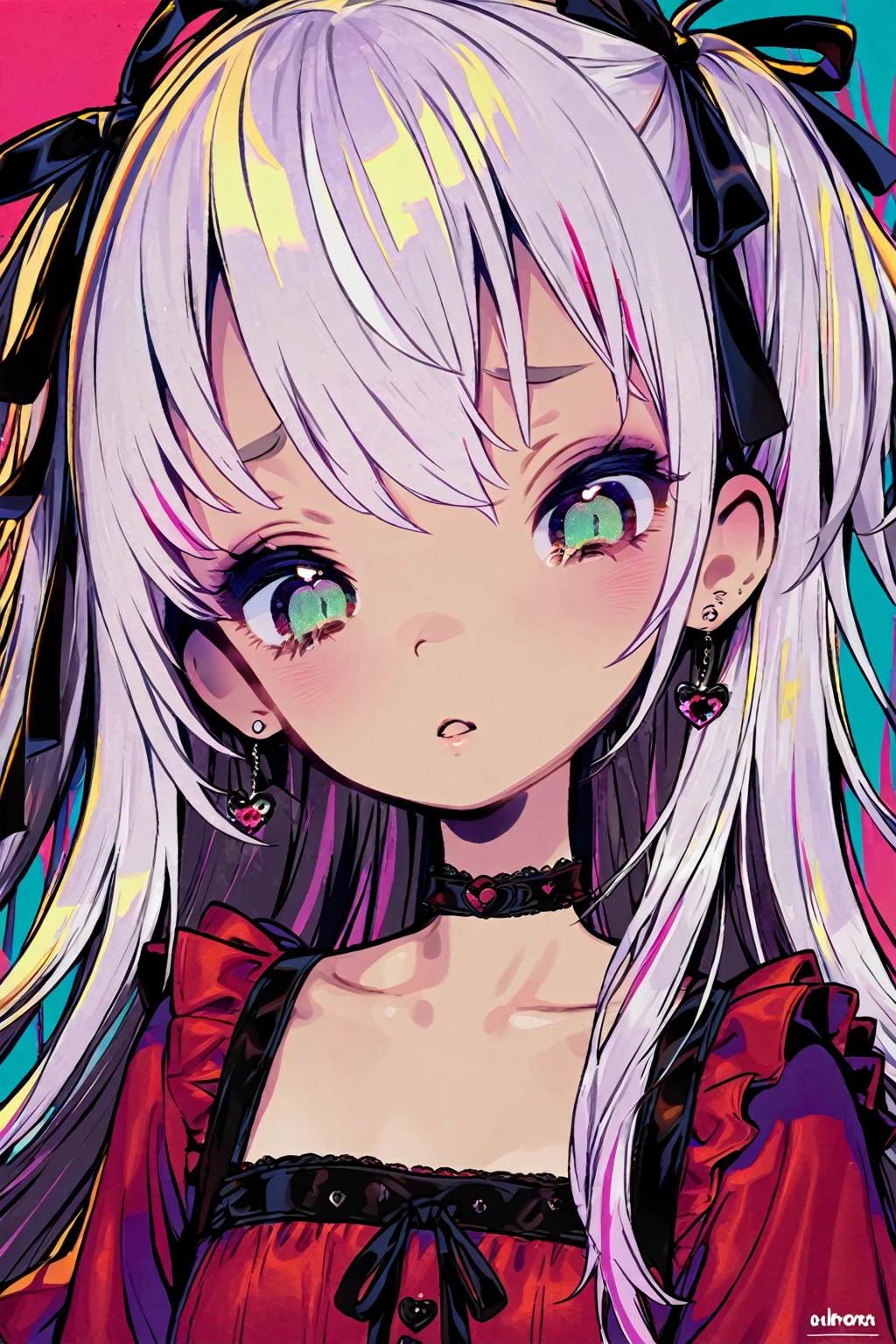 Emo girl, kawaii, long hair, bangs, small breasts, white hair, ribbon, hair between eyes, jewelry, collarbone, Red dress, upper body, earrings, artist name, blurry, eyelashes, black ribbon, half open eyes, 