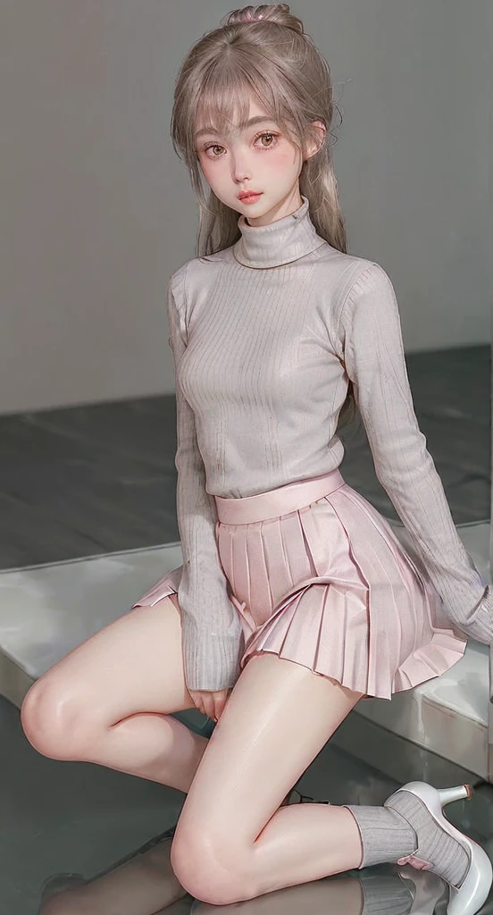 (((Kamimei、Bun hair、Good Style、Embarrassing、red blush、embarrassed from、Mouth ajar))),(((((Knee-length pleated skirt、Check grey skirt、White sweater、Turtleneck sweater、no sleeves、high-heels))))),((In the office、In the company、In the reception room、frombelow))、masutepiece, 1girl in, best qualtiy, Ultra Detail, (shiny), (Small)、(((with blush cheeks,A slender))),Ray tracing,Perfect Lighting, (milky skin:1.2),reflection,  up looking_で_viewer, blush, bow ribbon, yellow_Eyes, White choker, Low_Twin-tailed、Japan's cutest 28-year-old beautiful girl、Small ribbons in the hair、Contrast Legs