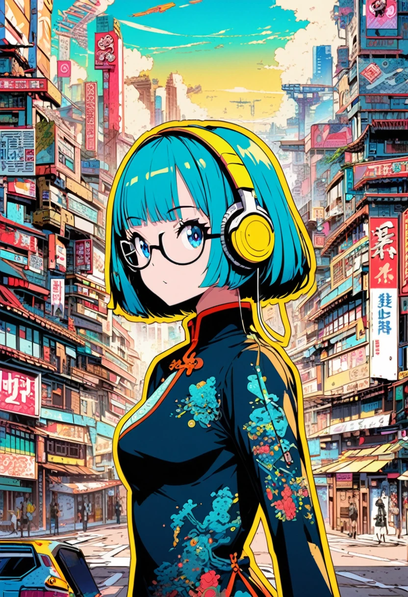 Modern anime, junk art, ultra-detailed illustrations, futuristic Chinese city, neon, Chinese dress, headphones, yellow under-rim glasses, girl, short hair, bangs