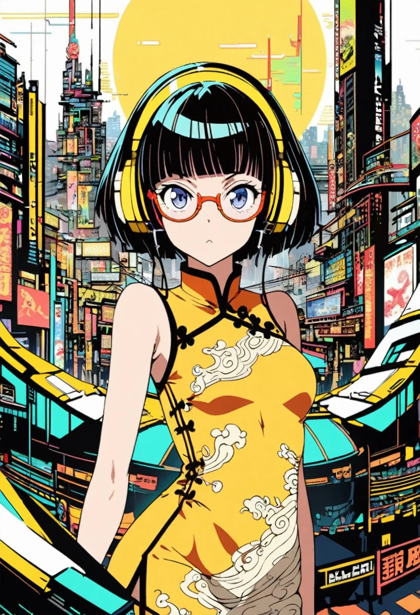 Modern anime, junk art, ultra-detailed illustrations, futuristic Chinese city, neon, Chinese dress, headphones, yellow under-rim glasses, girl, short hair, bangs