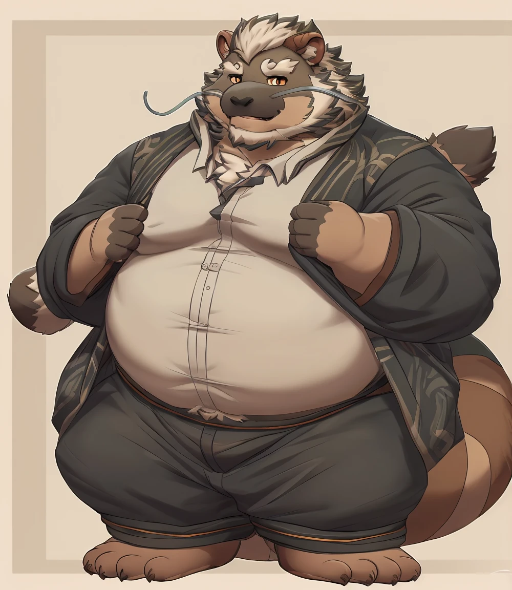 Gyobu, tanuki, brown fur, tail, (soft shading), 4k, hi res, (detailed face), furry, face, upper body half, facial, detai!, (detailed eyes), chubby fat, wear shirt,
