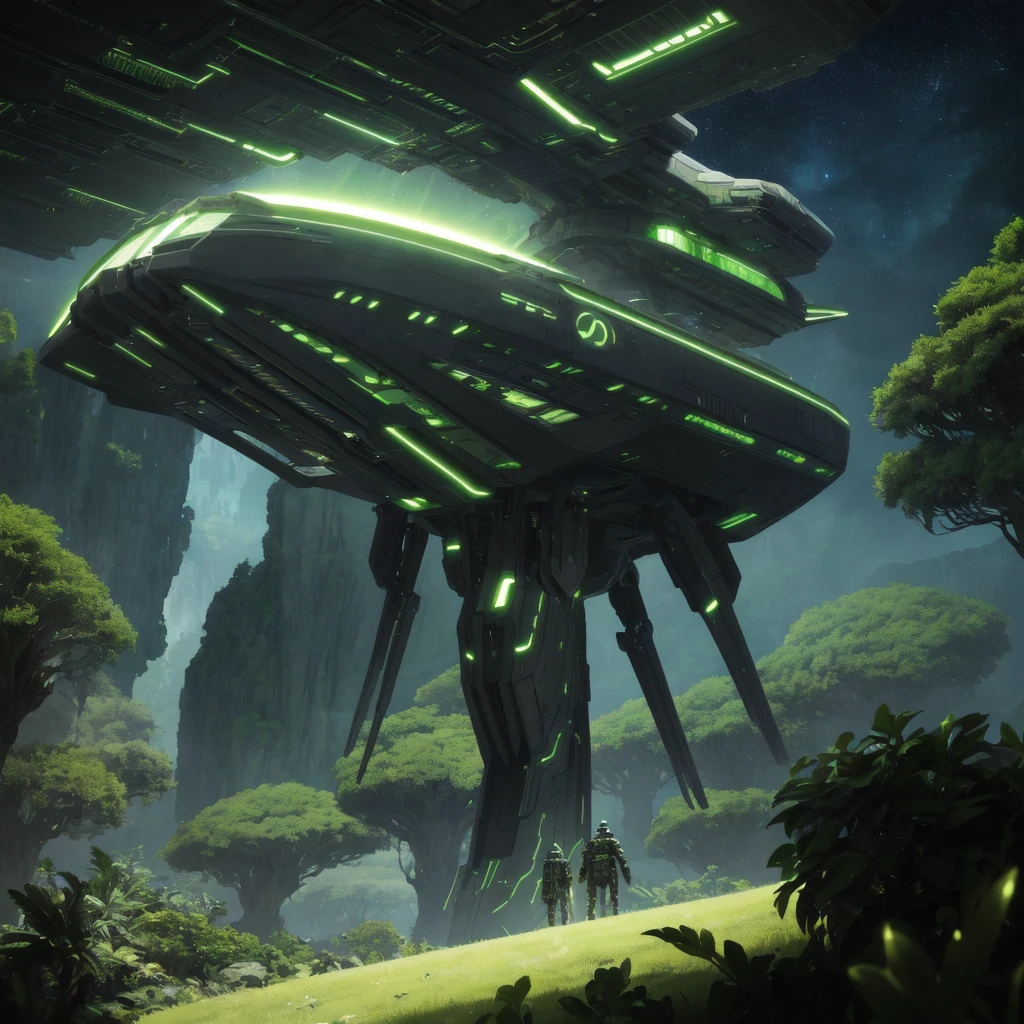 a large alien spacecraft, approaching a lush, verdant planet, detailed view of the back of the ship, advanced technology, glowing engines, sleek design, dramatic lighting, vibrant colors, cinematic composition, epic scale, photorealistic, highly detailed, 8k, award-winning, concept art style
