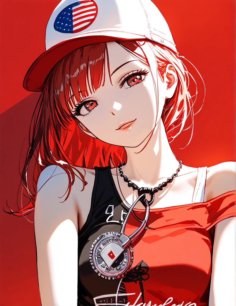 (best quality, masterpiece), (Eyes Focus, Face, close up:0.6), Face红, (Poker face:0.7), 1 Girl, Focus only, Bangs, Hook of Holland, side, Head tilt, Jewelry,cap,bow, Random, punk, slim, shorts, contemporary , (Random, contemporary, Red Theme), Bare shoulders, (background:-1)