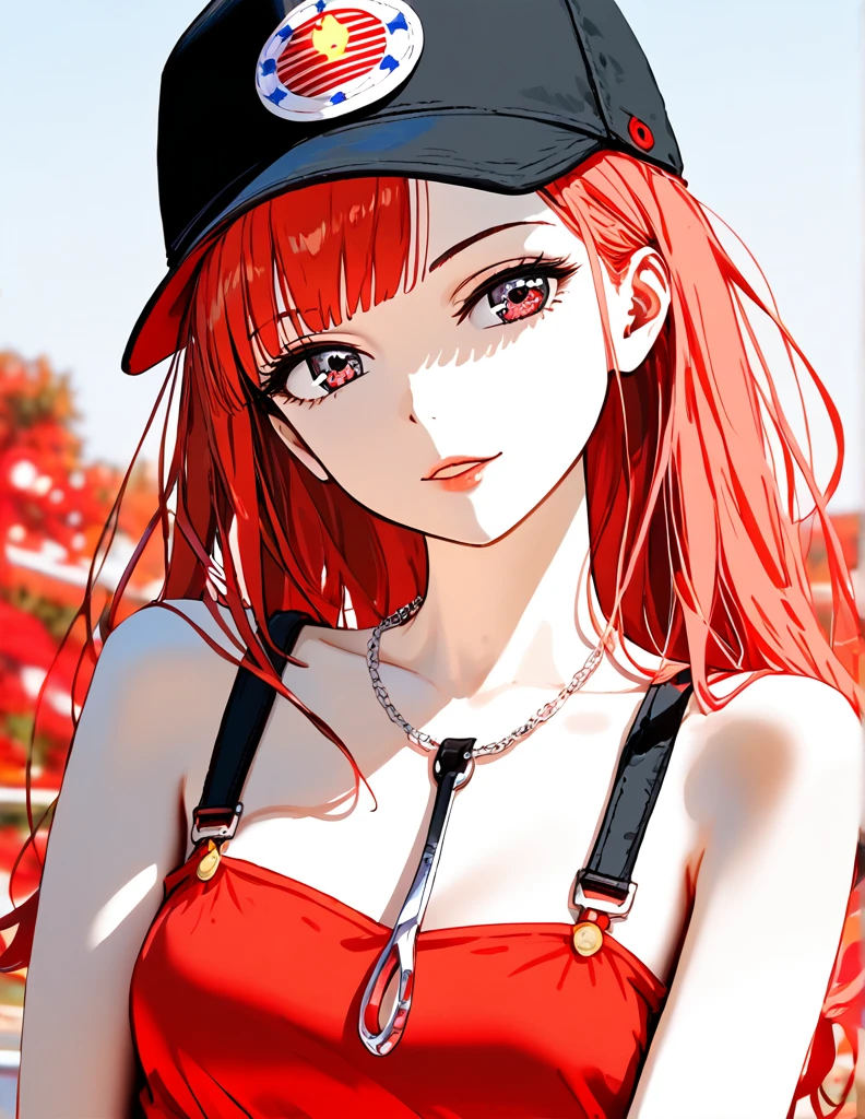 (best quality, masterpiece), (Eyes Focus, Face, close up:0.6), Face红, (Poker face:0.7), 1 Girl, Focus only, Bangs, Hook of Holland, side, Head tilt, Jewelry,cap,bow, Random, punk, slim, shorts, contemporary , (Random, contemporary, Red Theme), Bare shoulders, (background:-1)