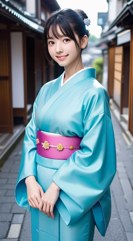 Professional Lighting,(Photorealistic:1.4), (Top image quality:1.0), (超High resolution:1.0), 8K, Raw photography, (masterpiece:0.2), (Face to face with the children_v1:0.5)、(最高quality Detail:1.2)、Realistic、8K Ultra HD、High resolution、(1 Girl:1.2)、超Familiarな、High quality textures、Intricate details、Familiar、Very Familiar CG、High quality shadows、Familiar 美しく繊細な顔、Beautiful details and a delicate eye、(Symmetrical eyes:1.2),Written boundary depth、Ray Tracing,1 Girl, Japanese Girls, (Natural smile:1.4),cute, thin, Portrait of a beautiful Japanese woman in a kimono, Standing elegantly on a street corner in Kyoto. Kimono with vibrant traditional patterns, Hair decorated with elegant and delicate hairpins, Gentle expression. (With the old streets of Kyoto in the background:1.4)、The soft light of a spring afternoon, (Realistic:1.3), finely, quality, (Tabletop:1.2), (Realistic:1.2), (最高quality), (複雑なFamiliar), dramatic, Ray Tracing, photograph, +roller、Full body portrait、Plump thighs