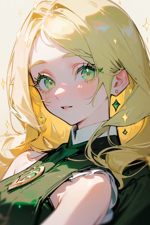 ((, Masterpiece: 1.5, best quality, high resolution: 1.3, super resolution, super detailed, ultra detailed: 1.3, Perfect Anatomy:1.5, 1 woman ) pale skin + long white wavy hair + green eyes + long eyelashes + figure feminine (hogwarts uniform, Slytherin colors) ((open eyes, cute friendly expression, sparkle in eyes))