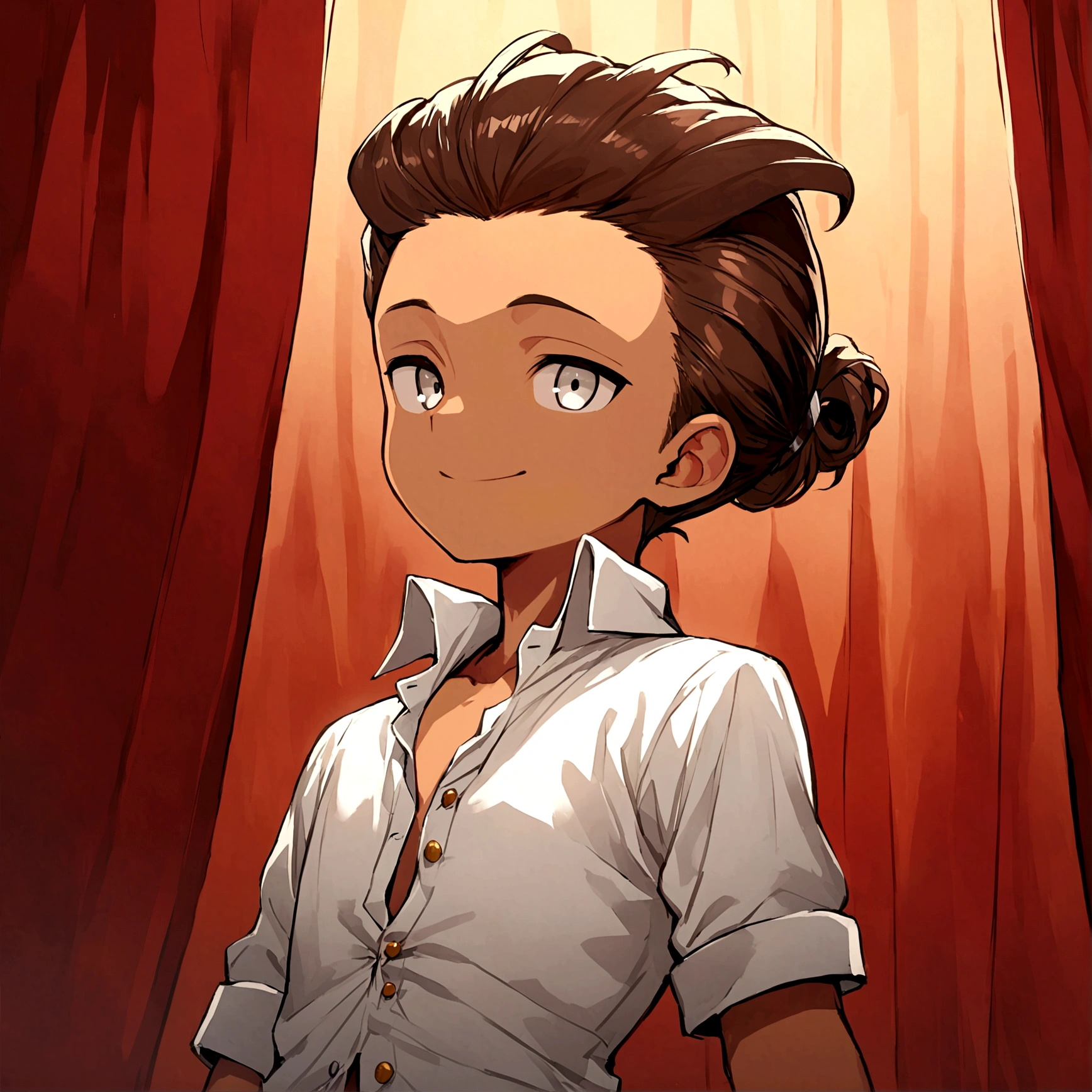young boy, thoughtfully posing, charismatic smile, mesomorphic, robust, tall, light, warm and slightly tanned skin, playful look, white eyes, dark brown hair with golden and reddish highlights, midle part hairstyle, white shirt with the first button unbuttoned, bronze wristbands, background with red curtains, theater venue, no audience