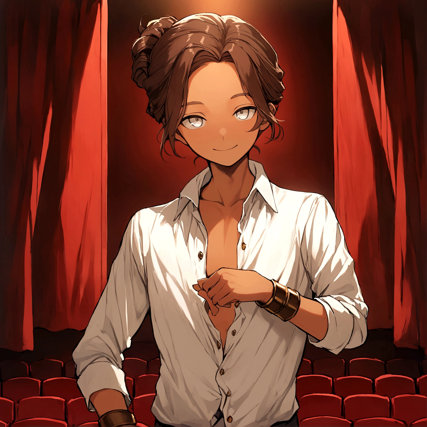 young boy, thoughtfully posing, charismatic smile, mesomorphic, robust, tall, light, warm and slightly tanned skin, playful look, white eyes, dark brown hair with golden and reddish highlights, midle part hairstyle, white shirt with the first button unbuttoned, bronze wristbands, background with red curtains, theater venue, no audience