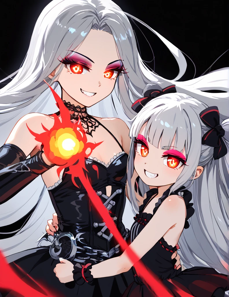 afterglow Eyes Smile Fighting the Demon Lord Goth Girl (Young Girls:1.5)Small Breasts(Small stature:1.5)Silver Hair (Long hair:1.4)(Eyeshadow:1.3)(eyelash:1.2)afterglow(Red glowing eyes), (Big Hair) Original clothing girls dress(edge)(More about The Strand), (black background)Smile　Fighting the Demon Lord