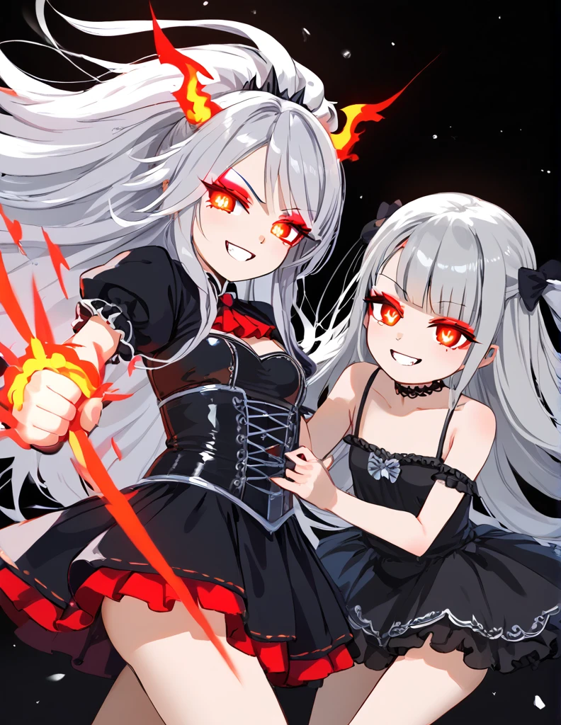 afterglow Eyes Smile Fighting the Demon Lord Goth Girl (Young Girls:1.5)Small Breasts(Small stature:1.5)Silver Hair (Long hair:1.4)(Eyeshadow:1.3)(eyelash:1.2)afterglow(Red glowing eyes), (Big Hair) Original clothing girls dress(edge)(More about The Strand), (black background)Smile　Fighting the Demon Lord