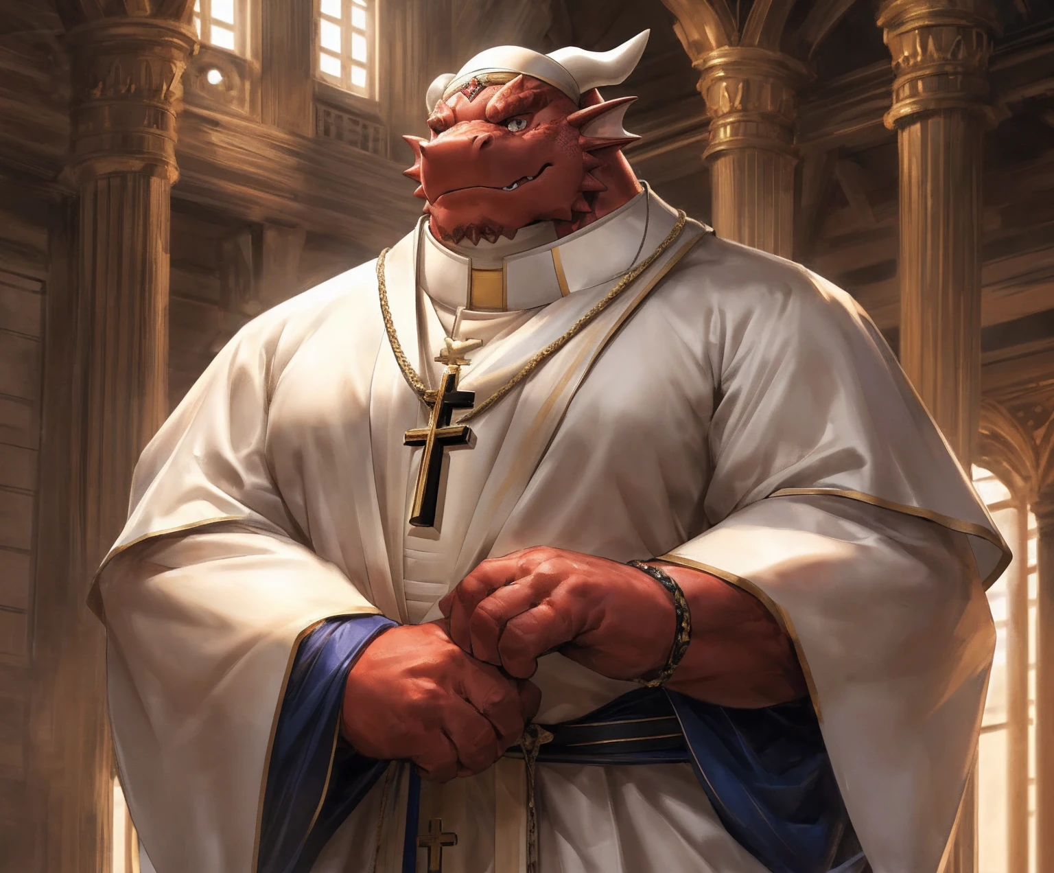 human nature, cannon, male, solitary, ((the strong,Handsome)), (dragon),((Traditional Catholic Pope outfit,西方dragondragon角)), standing,((Traditional Catholic style)),Hand in hand cross,high quality, (4K,high quality, high resolution, masterpiece), Front view (close up), cartoon,by lindong