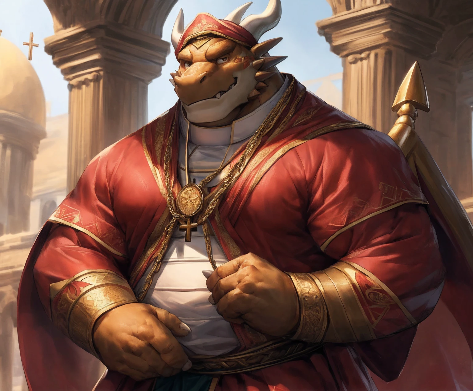 human nature, cannon, male, solitary, ((the strong,Handsome)), (dragon),((Traditional Catholic Pope outfit,西方dragondragon角)), standing,((Traditional Catholic style)),Hand in hand cross,high quality, (4K,high quality, high resolution, masterpiece), Front view (close up), cartoon,by lindong