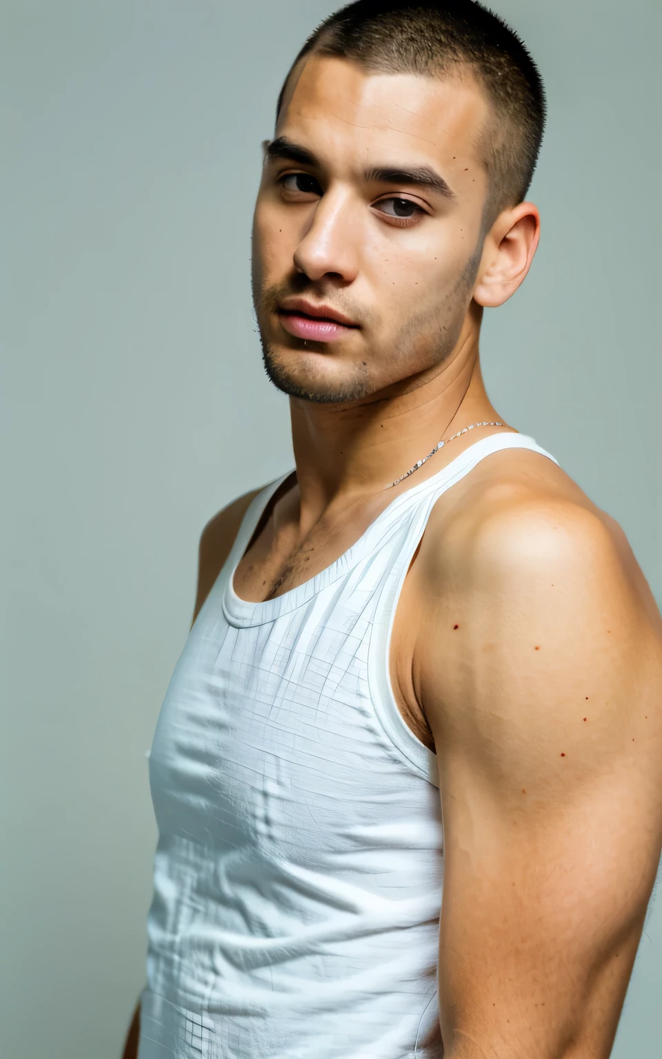 (ultra-high-resolution 8k, best quality, photo realistic:1.4) profile photo,
BREAK
american, (man), athlete, caucasian, 28years old, (buzz cut:1.2), square face, black and small eyes, stern eyes, thick and straight eyebrows, snub nose, plump lips, have distinct facial features,
BREAK
looking straight ahead, upper torso shot capturing his intense gaze,
BREAK
(muscular body), single eyelid, closed mouth and , Well-balanced face, wearing white no-sleeve top, exuding the vibe of a fashion model with a neutral, serious expression,
BREAK