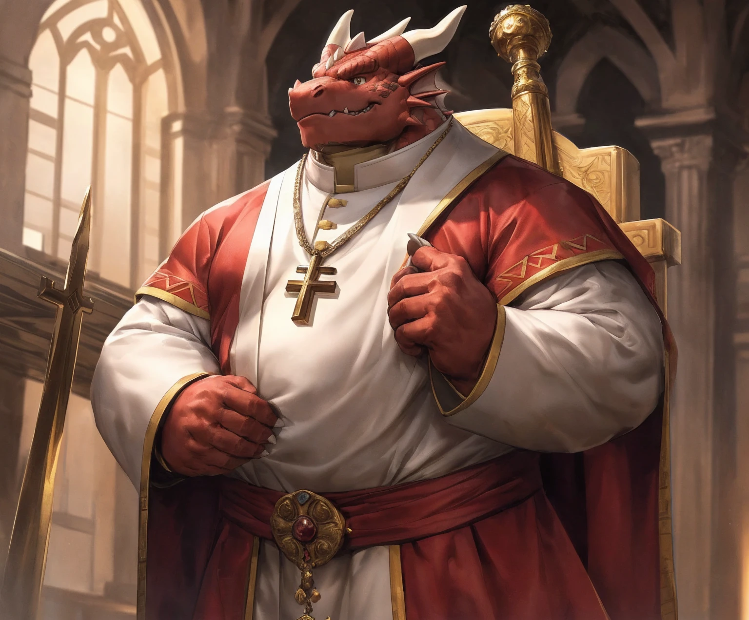 human nature, cannon, male, solitary, ((the strong，Handsome)), (dragon),((Traditional Catholic Pope outfit，西方dragondragon角))， standing，((Traditional Catholic style))，Hand in hand cross，high quality, (4K,high quality, high resolution, masterpiece), Front view (close up), cartoon,by lindong