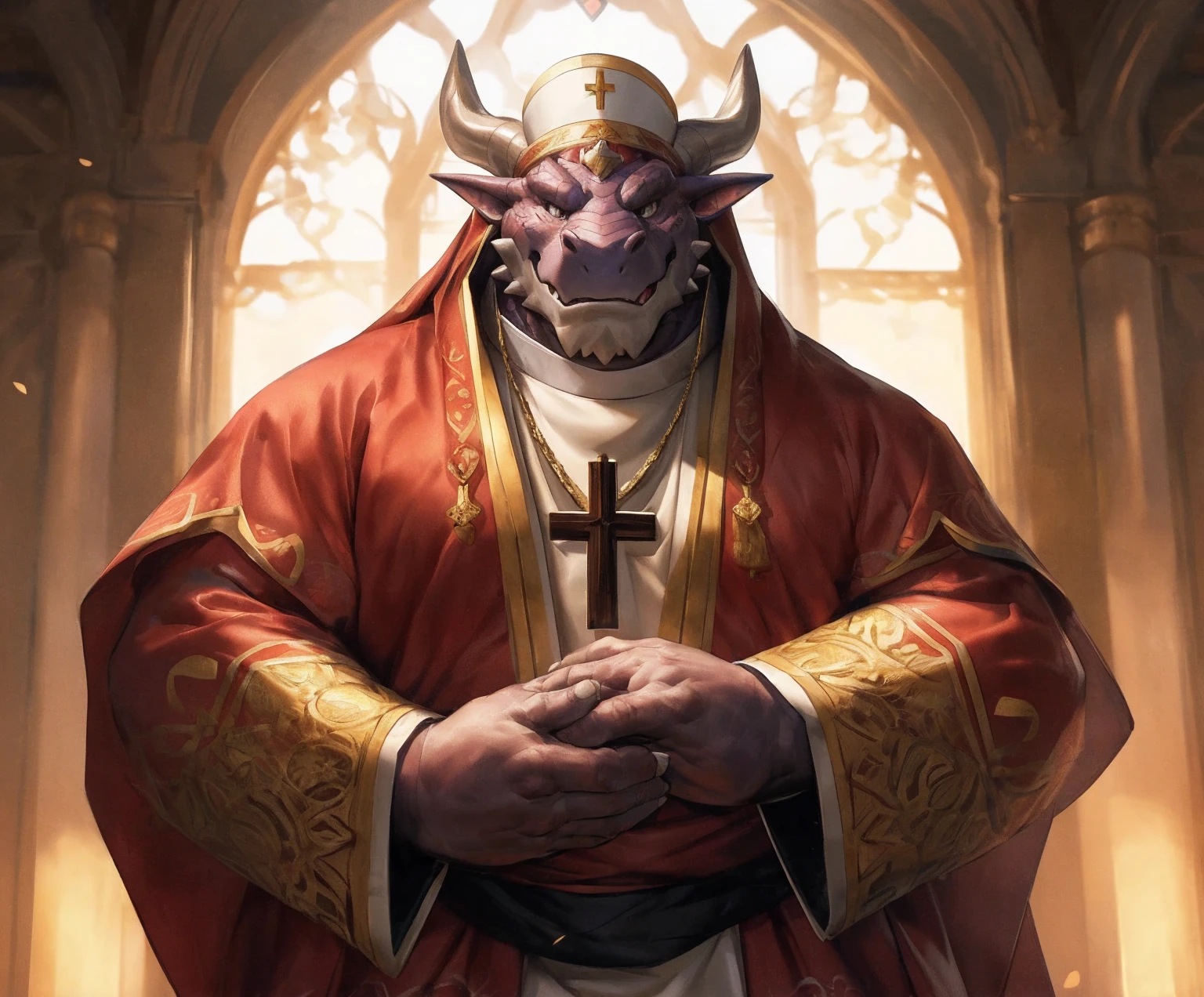 human nature, cannon, male, solitary, ((the strong,Handsome)), (dragon),((Traditional Catholic Pope outfit,西方dragondragon角)), standing,((Traditional Catholic style)),Hand in hand cross,high quality, (4K,high quality, high resolution, masterpiece), Front view (close up), cartoon,by lindong