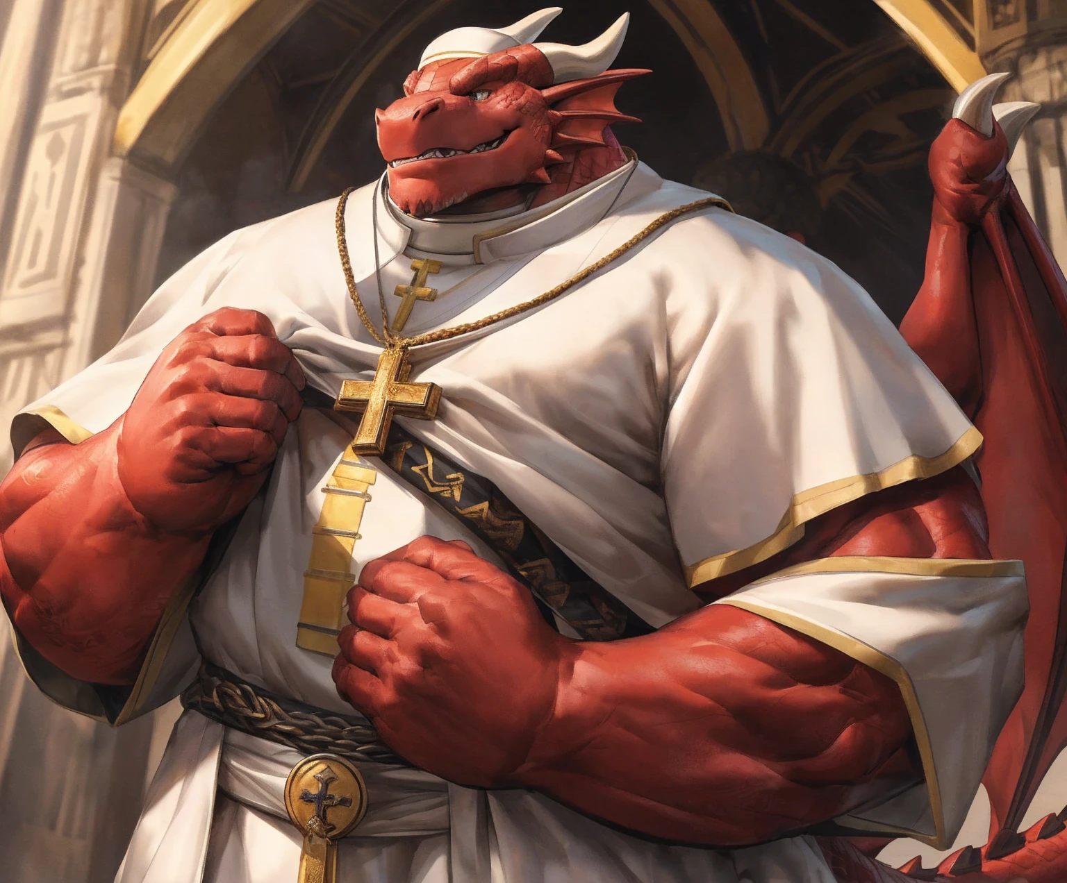 human nature, cannon, male, solitary, ((the strong,Handsome)), (dragon),((Traditional Catholic Pope outfit,西方dragondragon角)), standing,((Traditional Catholic style)),Hand in hand cross,high quality, (4K,high quality, high resolution, masterpiece), Front view (close up), cartoon,by lindong