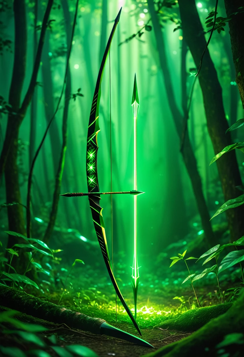 Magic bow and arrows, green glow, blessed by nature, mysterious, fantasy background, professional lighting