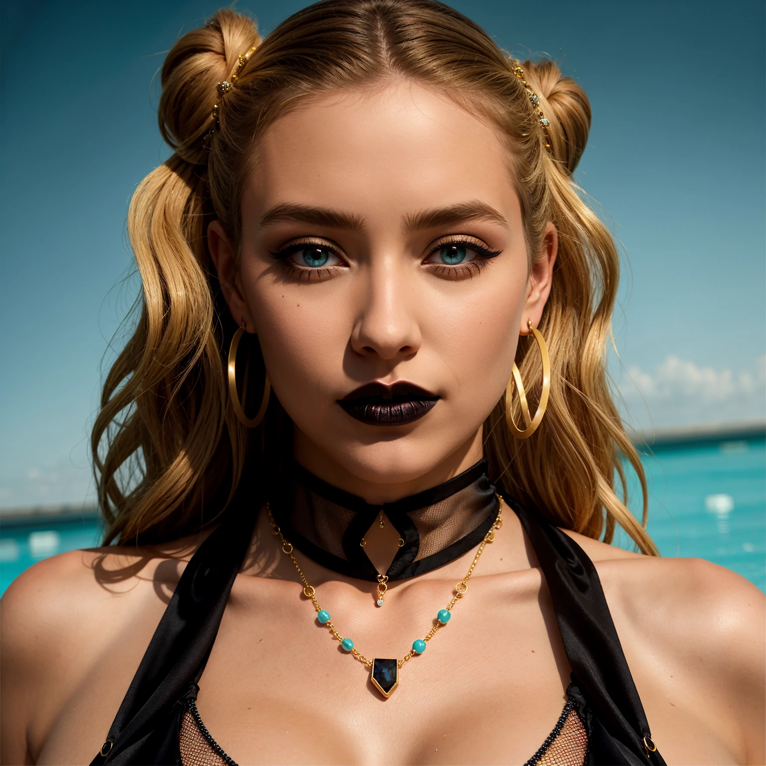 1girl, dressed in a black silk bodysuit with mesh pattern, getting out of a swimming pool., blonde hair, hair flaps, hair bun, bead necklace, hair beads, mole under eye, aqua eyes, hoop earrings, makeup, parted lips, Hyperrealism, masterpiece, anatomically correct, textured skin, best quality, high details