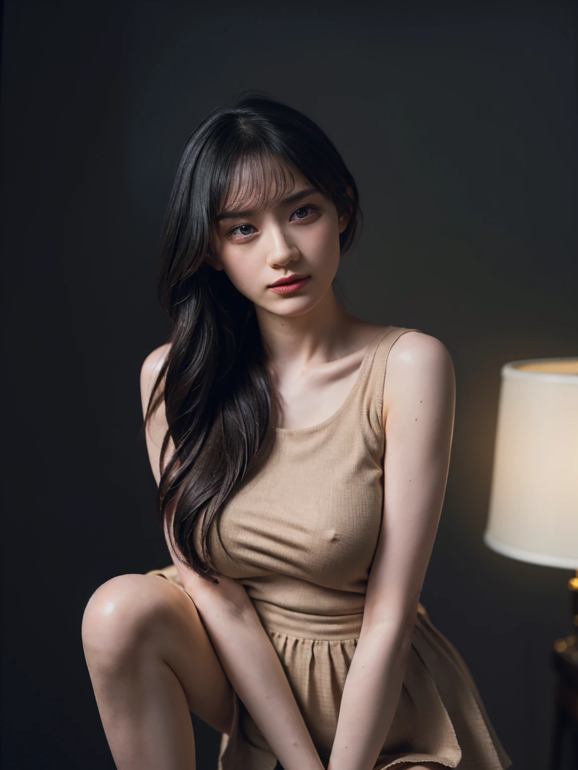 1girl, woman, masterpiece, best quality, highest quality, cinematic lighting, (volumetric lighting), extremely detailed CG unity 8k wallpaper, focused, 8k wallpaper, extremely detailed, ultra realistic, photorealistic, sharp focus, absurdres, (HDR:1.2), (high contrast), photograph, detailed and intricate, instagram, portrait, highly detailed, digital painting, artstation, concept art, smooth, sharp focus, illustration, cinematic lighting, (natural big breast:1.3), black short skirt, (((eyes looking at the viewer))), ((medium shoulder)), (very skinny legs), ((slender body)), (((height 160cm))), (HQ skin: 1.4, Realistic human body structure), (((looking back over shoulder))), full body:1.3, (wearing knit tank top, short skirt)