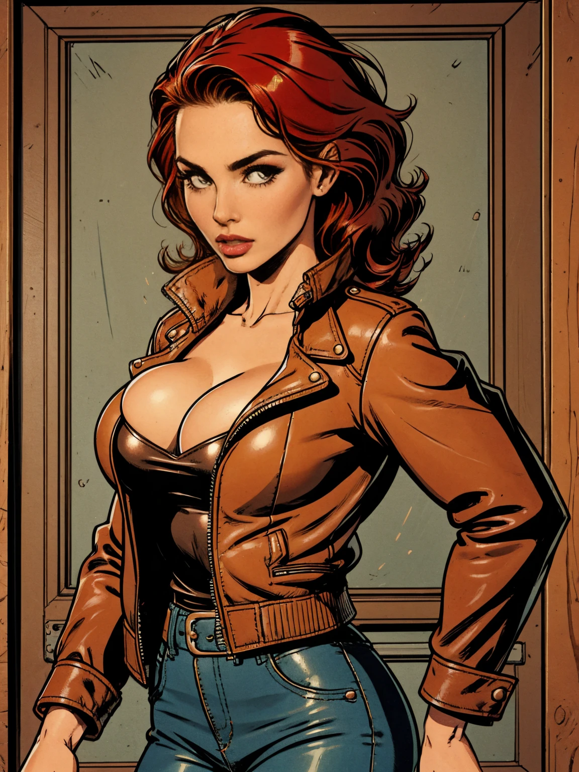 gorgeous woman, vintage pin up,  leather jacket, red hair, cleavage
