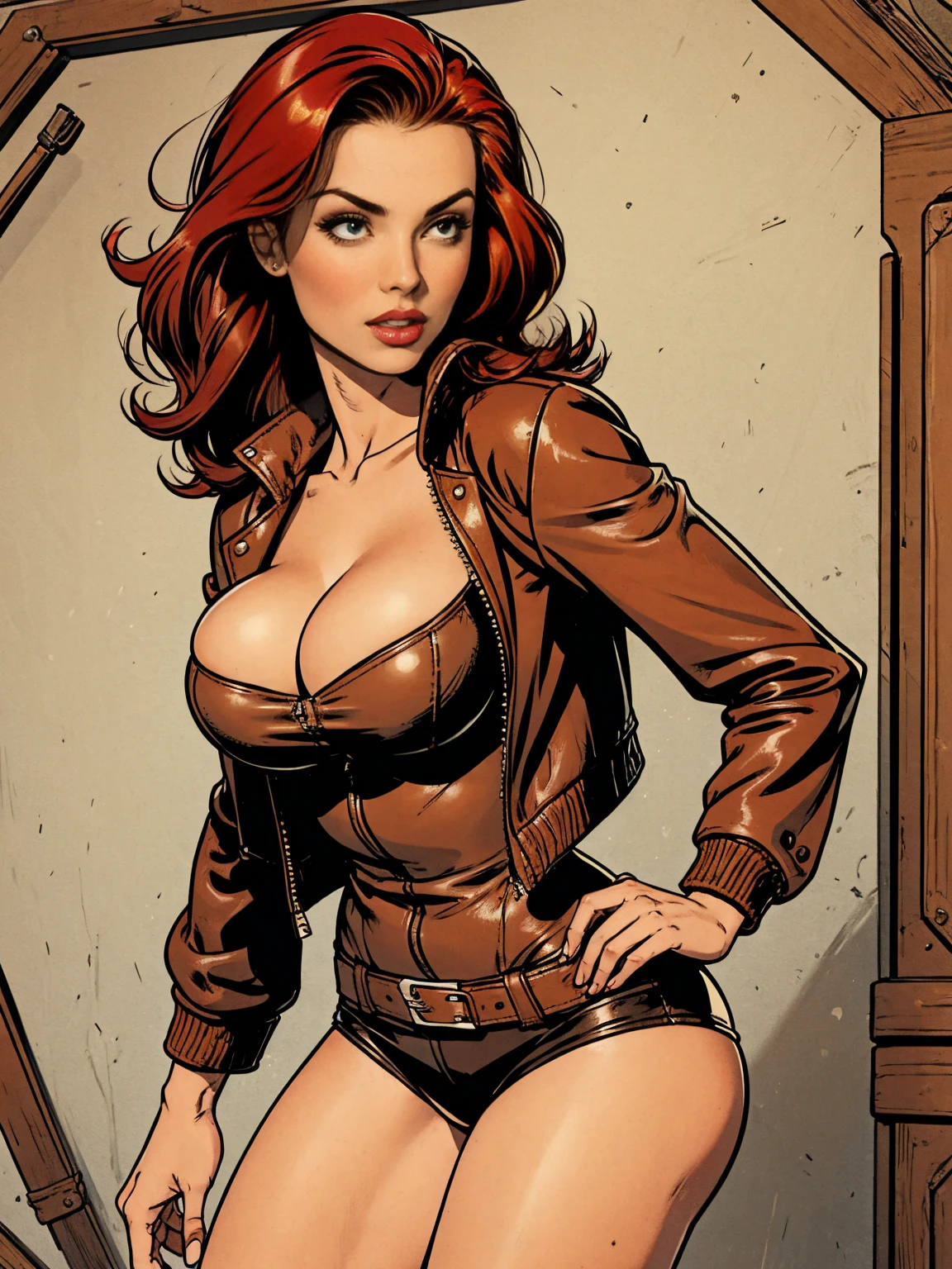 gorgeous woman, vintage pin up, leather jacket, red hair, cleavage