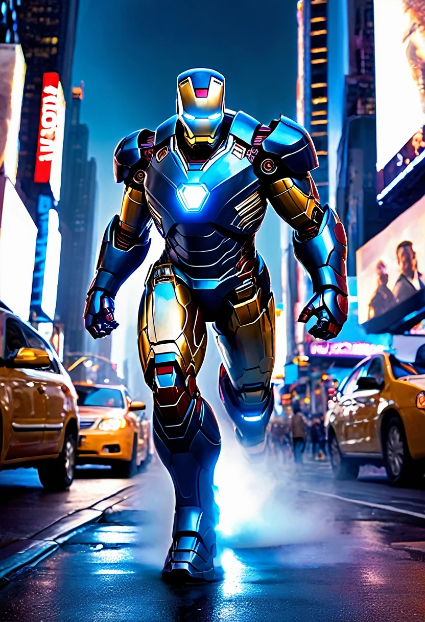 Sure, here is a detailed prompt for creating an image of a miniature Iron Man walking around a lit-up New York City at night:
---
A miniature Iron Man, standing about a foot tall, is walking through the bustling streets of New York City at night. The city is alive with lights, from the glowing billboards in Times Square to the warm lights of the storefronts and the soft glow of street lamps. Iron Man's suit is gleaming in the lights, reflecting the vibrant colors around him. His arc reactor and eyes are glowing brightly, adding to the vivid illumination. People around him are much taller, giving a sense of his small size, but they are going about their business, some glancing down curiously. Skyscrapers tower above, their windows lit up like a sea of stars, and the sky is a deep, velvety blue with a hint of clouds. Cars and taxis are zooming past, their headlights creating streaks of light. The overall scene is lively, colorful, and full of energy, with Iron Man confidently striding through the iconic cityscape.
---