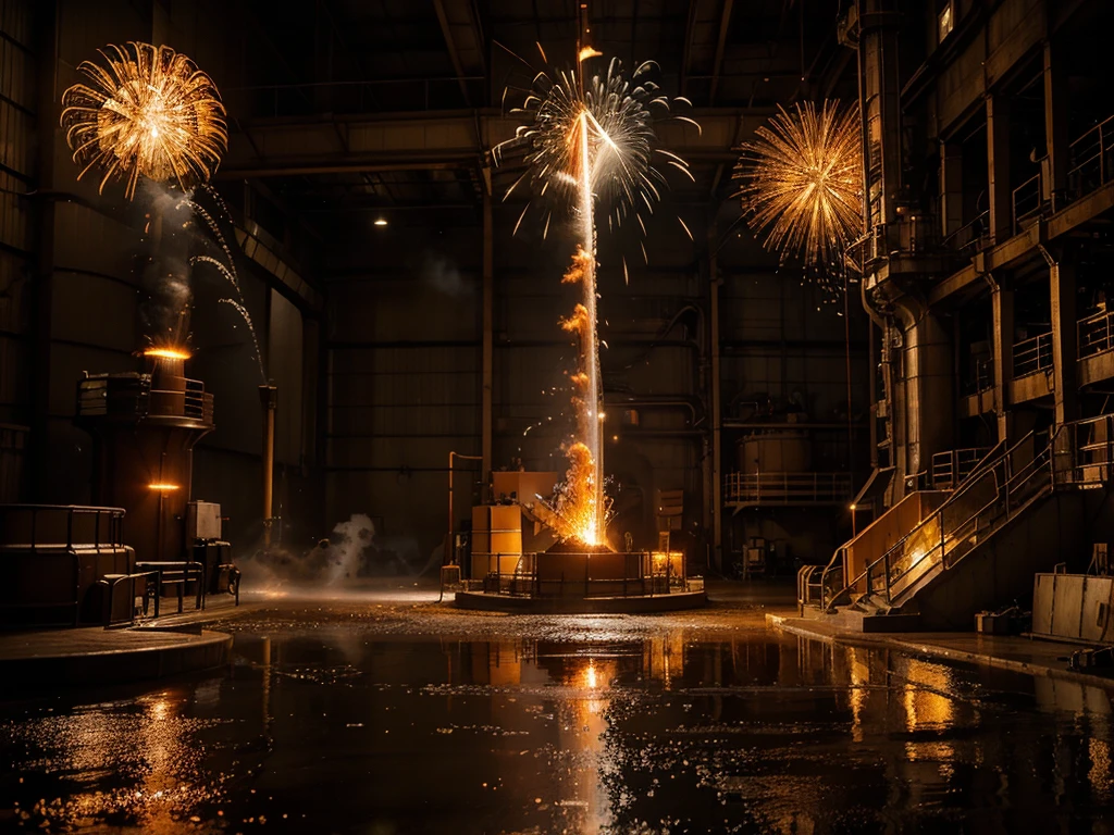 molten metal pouring in a steel mill. The molten metal, glowing a bright red-orange, is flowing out of a large smelting furnace. Surrounding it, golden and silver sparks are bursting into the air, creating a spectacular effect. In the background, industrial structures with pipes and machinery are visible, immersed in an intense work atmosphere. The warm light from the molten metal illuminates the surrounding environment, accentuating the details of the scene. The image should convey the power and beauty of the metal smelting process