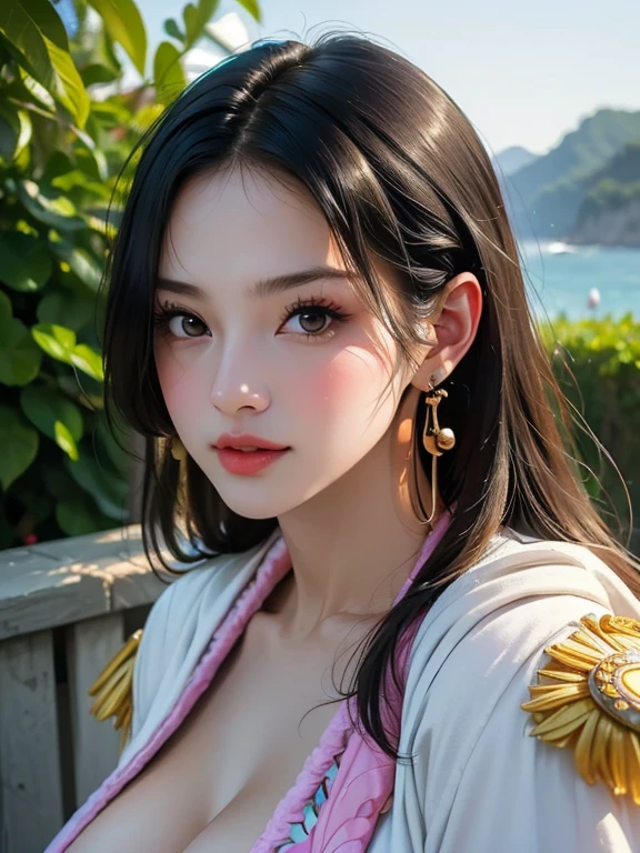 (masterpiece, best quality:1.4), (Face Focus:1.5), external, (Close to the sea), 1 Girl, Solitary, Hancock 1, 1 Girl, Boya Hancock, (((Full and soft breasts,)))(((Huge breasts))) (((Cleavage))), Long hair, Epaulettes, cape, (white cape:1), Top of crop, Long sleeve, Side slits, (Young women in Europe:1), Looking at the audience, Beautiful Smile, Pretty Face, Highly detailed face, Very detailed eyes, Subsurface scattering, Practical pupils, Full flush, Full lips, Detailed background, Depth of Field, Volumetric Lighting, Clear focus, absurd, Practical proportions, (Practical, hyperPractical:1.4), 16k High Dynamic Range