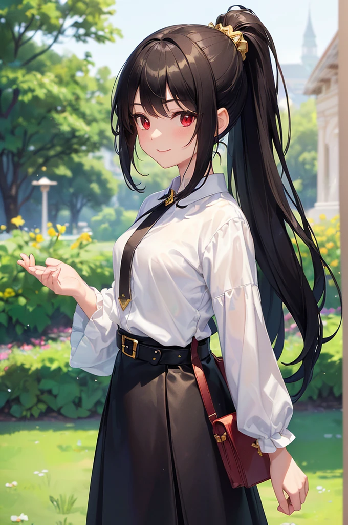 (masterpiece; best quality: 1.2), (finely detailed eyes: 1.3), ((10 year old female kid)), ((solo)), (red eyes: 1.4), (body; short, slender: 1.3), (black hair in ponytail: 1.3), (beautiful and clear background: 1.2), ((depth of field)), (clothes: wanderer mage attire + white-and-gold wide-sleeve shirt + very long black skirt + belts + traveler pouches and satchel: 1.3), (anime illustration: 1.2), (background; garden exterior: 1.1), (extremely fine and beautiful: 1.1), (shot composition; standing + centered on torso + close-up: 1.5), (expression; calm, smile: 1.2)