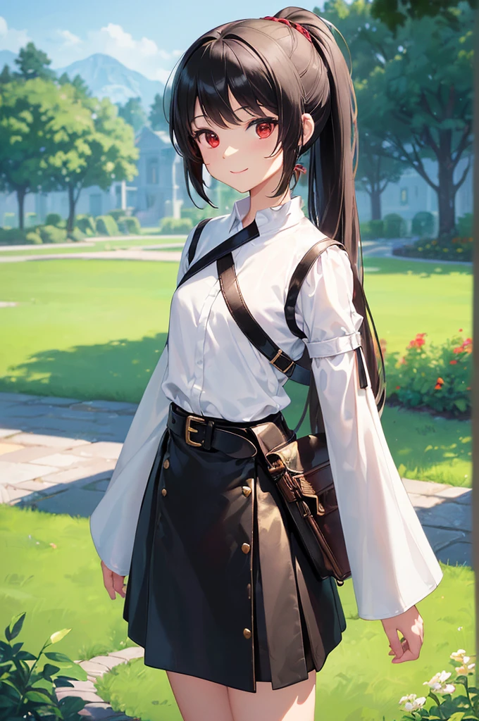 (masterpiece; best quality: 1.2), (finely detailed eyes: 1.3), ((10 year old female ???)), ((solo)), (red eyes: 1.4), (body; short, slender: 1.3), (black hair in ponytail: 1.3), (beautiful and clear background: 1.2), ((depth of field)), (clothes: wanderer mage attire + white-and-gold wide-sleeve shirt + very long black skirt + belts + traveler pouches and satchel: 1.3), (anime illustration: 1.2), (background; garden exterior: 1.1), (extremely fine and beautiful: 1.1), (shot composition; standing + centered on torso + close-up: 1.5), (expression; calm, smile: 1.2)