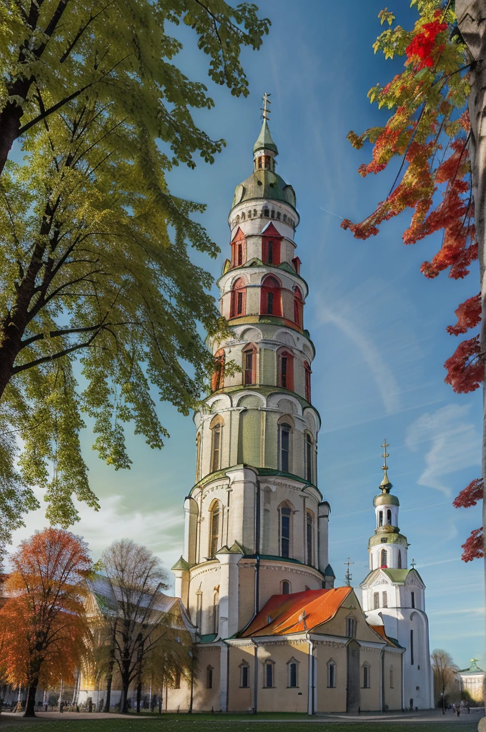 Lituania, pretty women blonde, ((In Vilnius City)), (((the Vilnius cathedrale tower))), (((wear a green top)), (((wear a red skirt)))